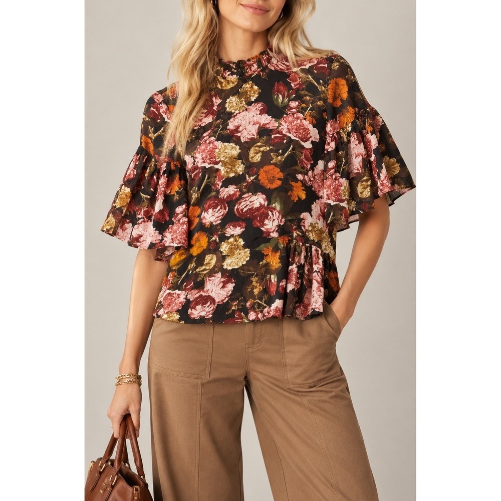 Floral Ruffle Peplum Womens Blouse Size 2 Mock Neck Bell Sleeve Top Cottagecore